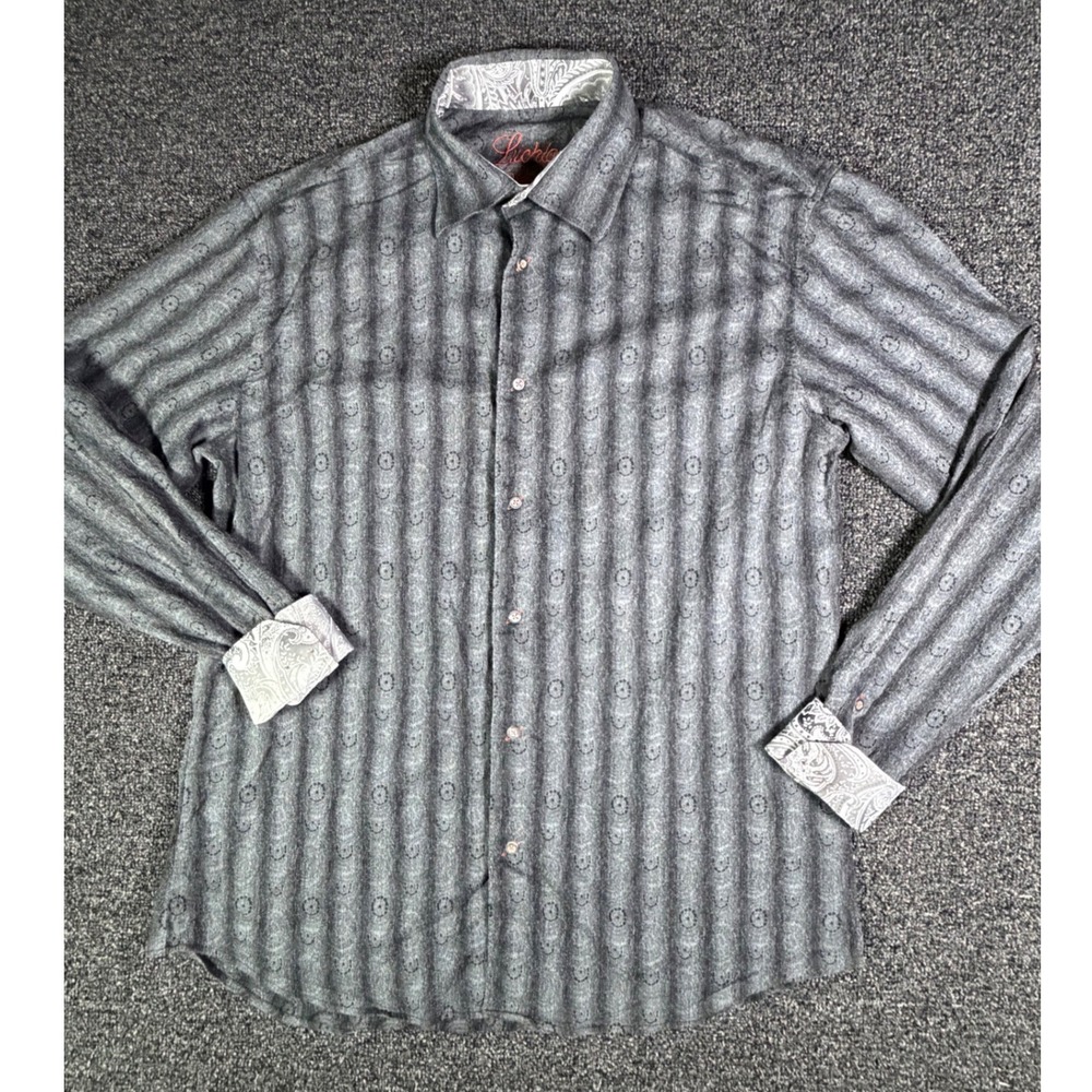 Luciano Visconti Mens Large Grey Jacquard Paisley Trim Button Down Shirt L